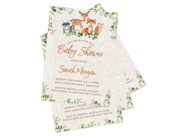 Woodland Baby Shower Invitations & Envelopes, Custom Printed, Forest Friends, Gender Neutral | PRP-403
