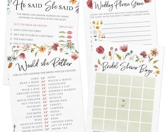 Personalized & Printed Wildflower Bridal Shower Game Set | Bingo, He Said She Said, Emoji Game and Would She Rather | Custom Print | PRP-203