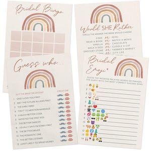 Bridal Shower Game Set - 4 Games for 30 Guests, Printed Double-Sided, Boho Rainbow (PRP-601))