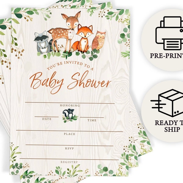 Woodland Baby Shower Invitations and Envelopes, Printed Set of 25, Forest Animals (PRP-401)