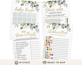 Baby Shower Game Set - 4 Games for 30 Guests, Printed Double-Sided, Eucalyptus (PRP-111))