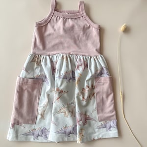 Handmade Girls&#39; Summer Dress: Floral Dinosaur Jersey Knit with Pockets