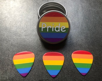 PRIDE Guitar Picks, picks in a pick tin. Guitar Picks, Hand printed picks. Love hope peace gift. UK POST. Colourful gift. Guitar plectrums.