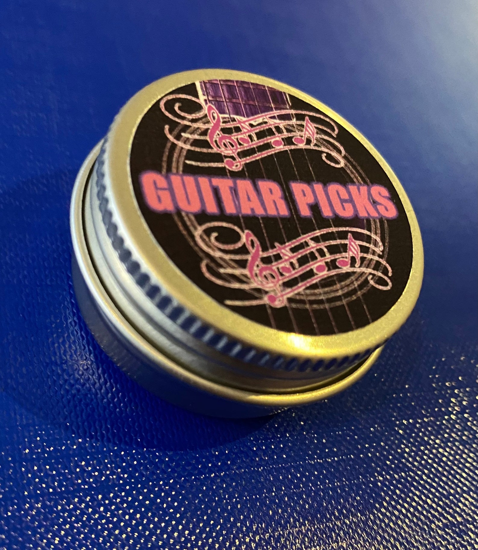 Guitar pick tin. Pink and purple Secure screw lid. Never Etsy