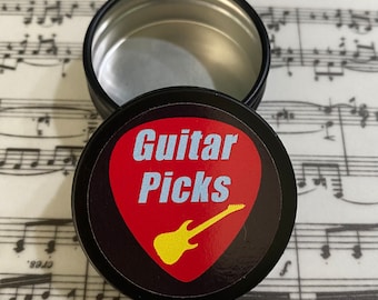 Black & Red Guitar pick tin. Plus 1 x FREE PICK. Handy guitar plectrum tin. Secure screw lid. Never loose your picks again!