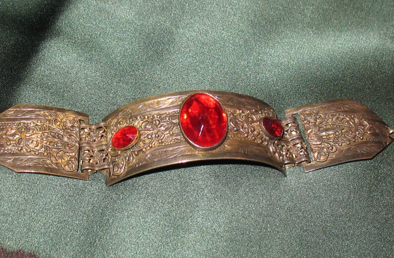 1930s Bracelet Scroll Work on Three-Link Bracelet from the 30s 30s Bracelet in Silvertone with Red Faceted Glass Stones 1930s 1920s