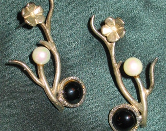1980s Earrings, Sterling Silver Earrings, Silver Earrings with Pearl, Silver Earrings with Onyx, 80s Jewelry, Artisan- Made Floral Earrings