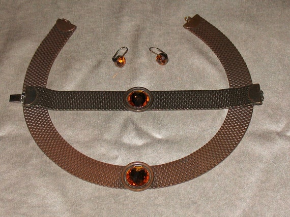 40s Necklace Set of Copper Mesh with Faceted Cent… - image 2