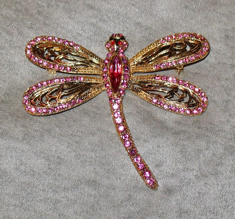 BONUS GIFT of Bib to Wear PIn as Necklace 1950s Brooch Vintage Pink Dragonfly Pin Rhinestones Insect Pin 50s Pink Dragonfly Brooch
