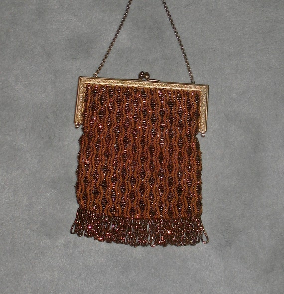 1920s Evening Purse,  Art Deco Copper Beaded Flap… - image 5