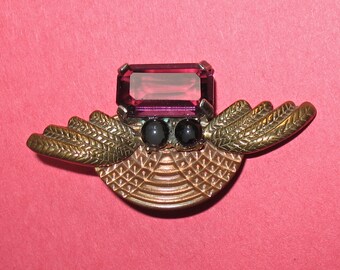 Copper and Brass and Silver Art Deco Stud Pin, 1930s Artisan-Made Pin, Unusual Small Stud Brooch with Prong Set Purple Beveled Glass Stone