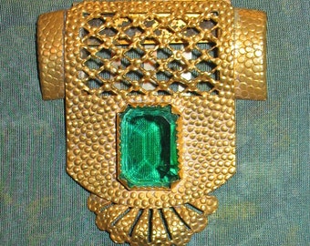 1930s Dress Clip, Detailed Brass Dress Clip with Rectangular Beveled Green Glass Stone, Art Deco Clip, Nouveau Dress Clip, 1920s Dress Clip