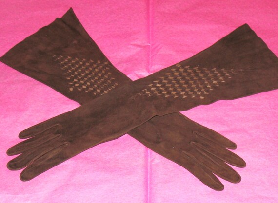 1950s Long Brown Suede Gloves, High Fashion, Vinta