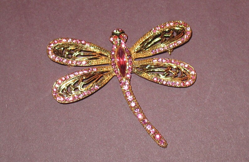 BONUS GIFT of Bib to Wear PIn as Necklace 1950s Brooch Vintage Pink Dragonfly Pin Rhinestones Insect Pin 50s Pink Dragonfly Brooch