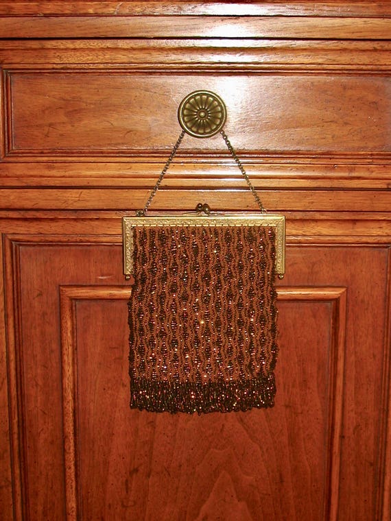 1920s Evening Purse,  Art Deco Copper Beaded Flap… - image 7