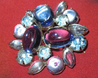 1950s Weiss Brooch, 1950s Designer Pin, Mid Century Stunning Blue Glass Brooch, BONUS GIFT of Bib Necklace to Wear the Brooch as a Necklace