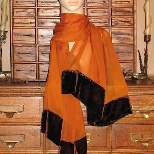 May include: A long, burnt orange sheer scarf with a wide, dark brown velvet trim. The scarf is draped over a mannequin's neck.