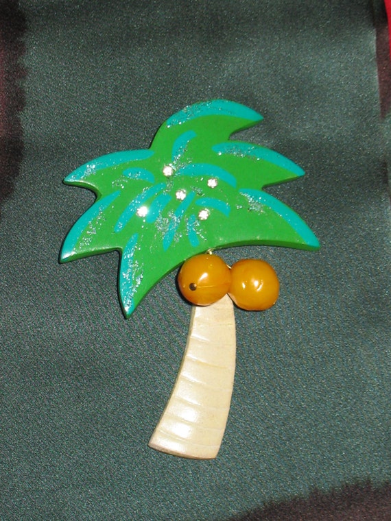 1980s Signed Wooden Brooch, Handpainted Palm Tree 