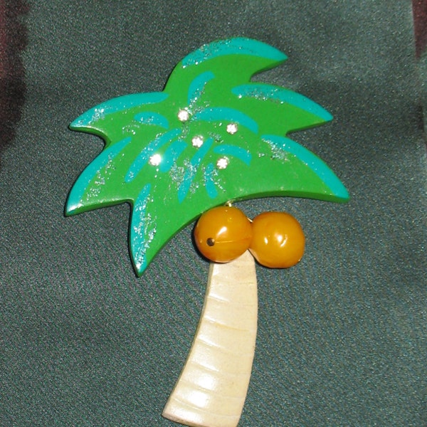 1980s Signed Wooden Brooch, Handpainted Palm Tree Pin, Wooden Palm Tree Pin,Trees, 80s Brooch, 1980s Pin, Whimsical Artisan Palm Tree Pin