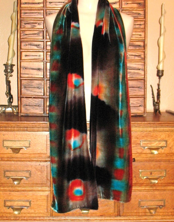 Velvet Scarf, Handmade Abstract Print Velvet Scar… - image 4