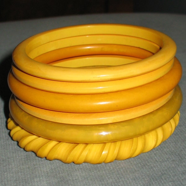 RESERVED, Please Do Not Buy.    6 Yellow 40s Bakelite or Thermoset or Plastic Bangles, Six 1950s Butterscotch Bakelite Bangle Bracelets