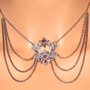 Victorian Sterling Necklace, Antique Necklace with Garnets, Bohemian Jewelry, Edwardian Necklace, 1910s Sterling Silver Swag Style Necklace