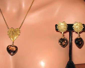 1940s Jewelry Set, Barclay Jewelry Set, Brown Glass Hearts Jewelry Set, Heart Jewelry, Mid Century Set, 50s Barclay Necklace and Earrings