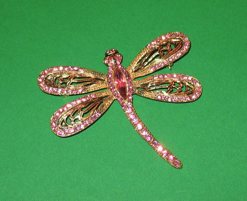 BONUS GIFT of Bib to Wear PIn as Necklace 1950s Brooch Vintage Pink Dragonfly Pin Rhinestones Insect Pin 50s Pink Dragonfly Brooch