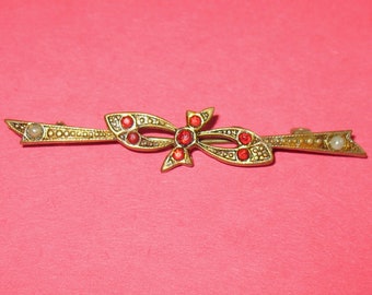 Vintage Bow Bar Pin, Gold Tone, Red Rhinestones, Faux Pearl Accent