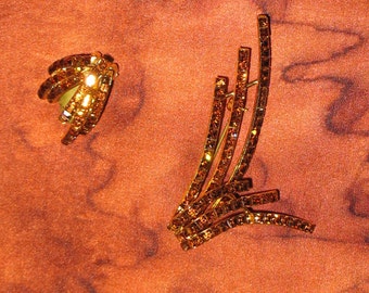 1950s Jewelry Set, 50s Brown Rhinestones Set, Vintage 50s Austrian Topaz Brown Pin and Earrings, 50s Pin Set with Topaz Colored Rhinestones