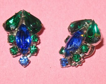 1950s Earrings with Blue and Green Rhinestones, Vintage 1960s Rhinestones Clip On Earrings in Silver Tone Settings, Mid Century Earrings