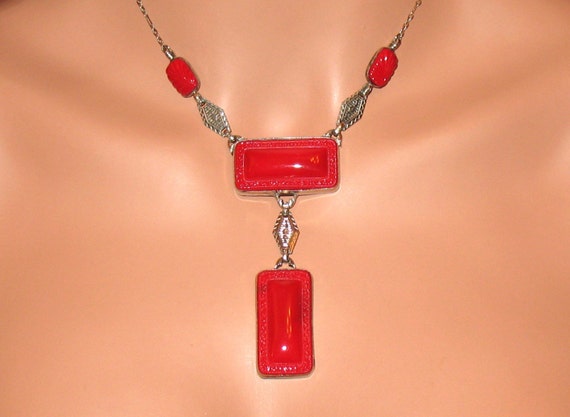 Antique Red Art Glass Necklace, Czechoslovakia, A… - image 5