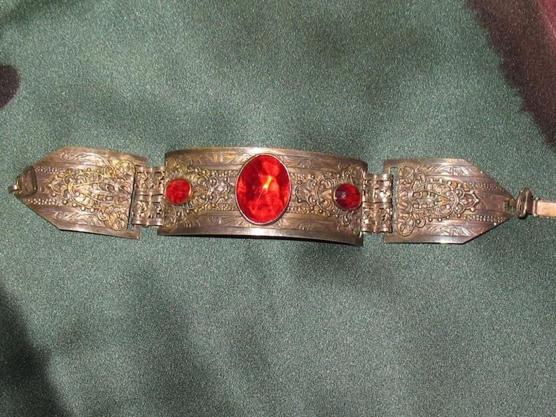 1930s Bracelet Scroll Work on Three-Link Bracelet from the 30s 30s Bracelet in Silvertone with Red Faceted Glass Stones 1930s 1920s