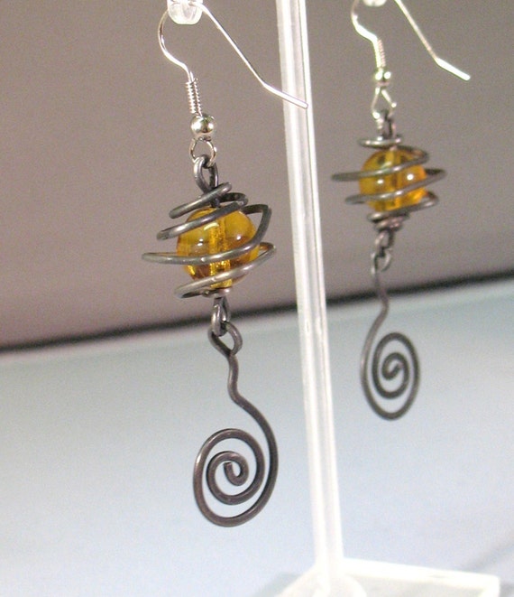 1980s Earrings, Vintage Fun Earrings with Honey Colored Glass Center Stone, Early 90s Abstract Earrings, 1990s, Vintage Dangle Earrings