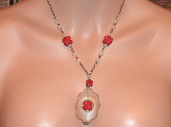 1940s Necklace, Translucent Plastic and Red Bead … - image 2