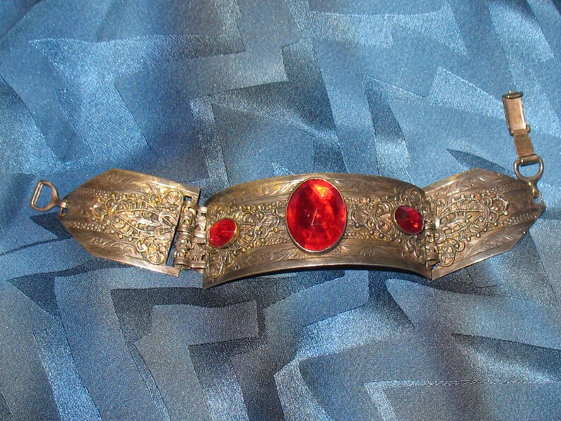 1930s Bracelet Scroll Work on Three-Link Bracelet from the 30s 30s Bracelet in Silvertone with Red Faceted Glass Stones 1930s 1920s
