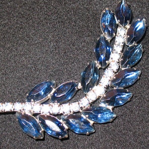 1950s Vintage Blue Rhinestone Brooch, Mid Century Pin, Blue Rhinestone Pin, 1950s Pin Leaf Pin, BONUS GIFT of Bib to Wear Brooch as Necklace