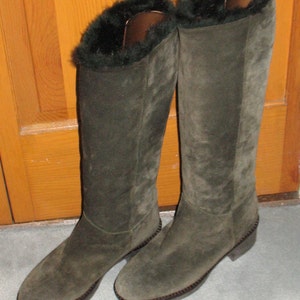 1980s Suede Boots, Vintage Boots, 90s Boots in Excellent Condition, Dark Green Fur-Lined Boots, Size 36 Boots, Small 80s Boots, 1990s, 1980s image 1