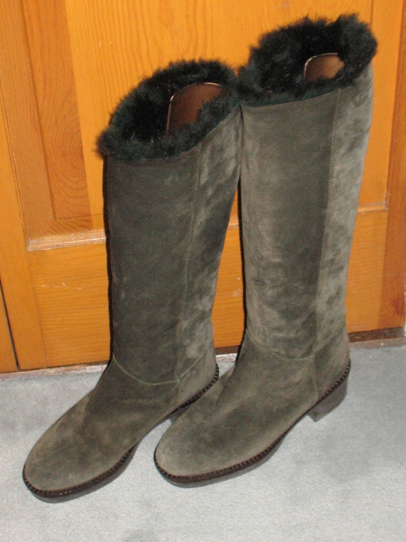 1980s Suede Boots, Vintage Boots, 90s Boots in Excellent Condition, Dark Green Fur-Lined Boots, Size 36 Boots, Small 80s Boots, 1990s, 1980s image 1