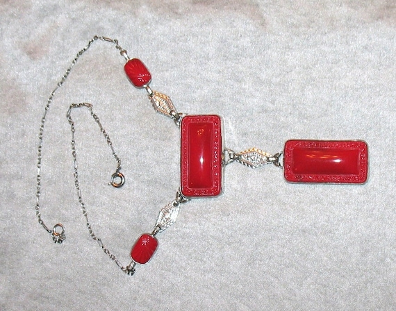 Antique Red Art Glass Necklace, Czechoslovakia, A… - image 3