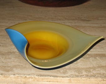 Mid Century Modern Art Glass Bowl, 1950s Blue and Gold Decorative Dish
