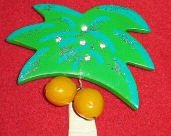 1980s Signed Wooden Brooch, Handpainted Palm Tree Pin, Wooden Palm Tree Pin,Trees, 80s Brooch, 1980s Pin, Whimsical Artisan Palm Tree Pin