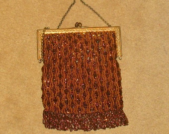 1920s Evening Purse,  Art Deco Copper Beaded Flapper Purse in Excellent Condition, 20s Art Nouveau Beaded Bag, Deco Beaded Bag, Evening Bag