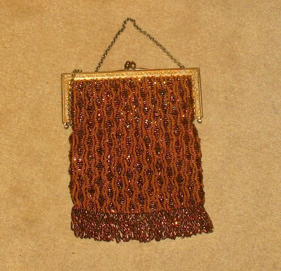 1920s Evening Purse,  Art Deco Copper Beaded Flap… - image 1