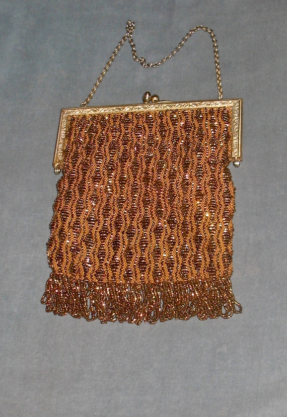 1920s Evening Purse,  Art Deco Copper Beaded Flap… - image 4