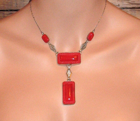 Antique Red Art Glass Necklace, Czechoslovakia, A… - image 1