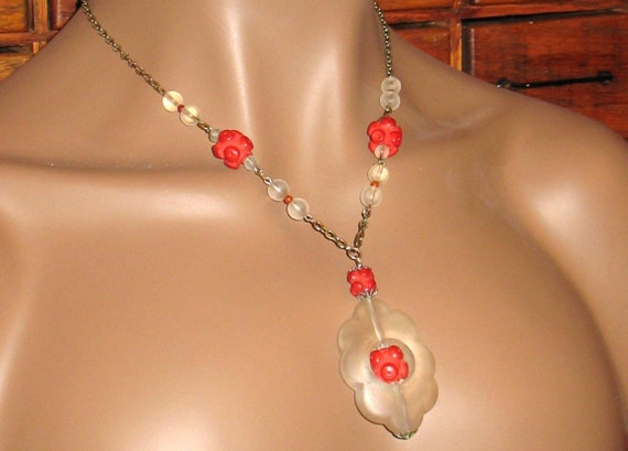 1940s Necklace, Translucent Plastic and Red Bead … - image 1