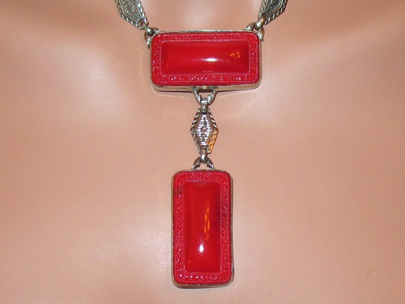 Antique Red Art Glass Necklace, Czechoslovakia, A… - image 2