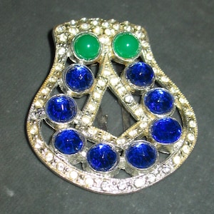 Vintage Dress Clip, Antique Dress Clip, Rhinestone Dress Clip, 1930s Signed WMCA Dress Clip Blue, Green, and Clear Rhinestones