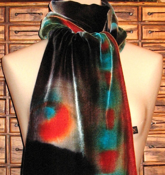 Velvet Scarf, Handmade Abstract Print Velvet Scar… - image 1